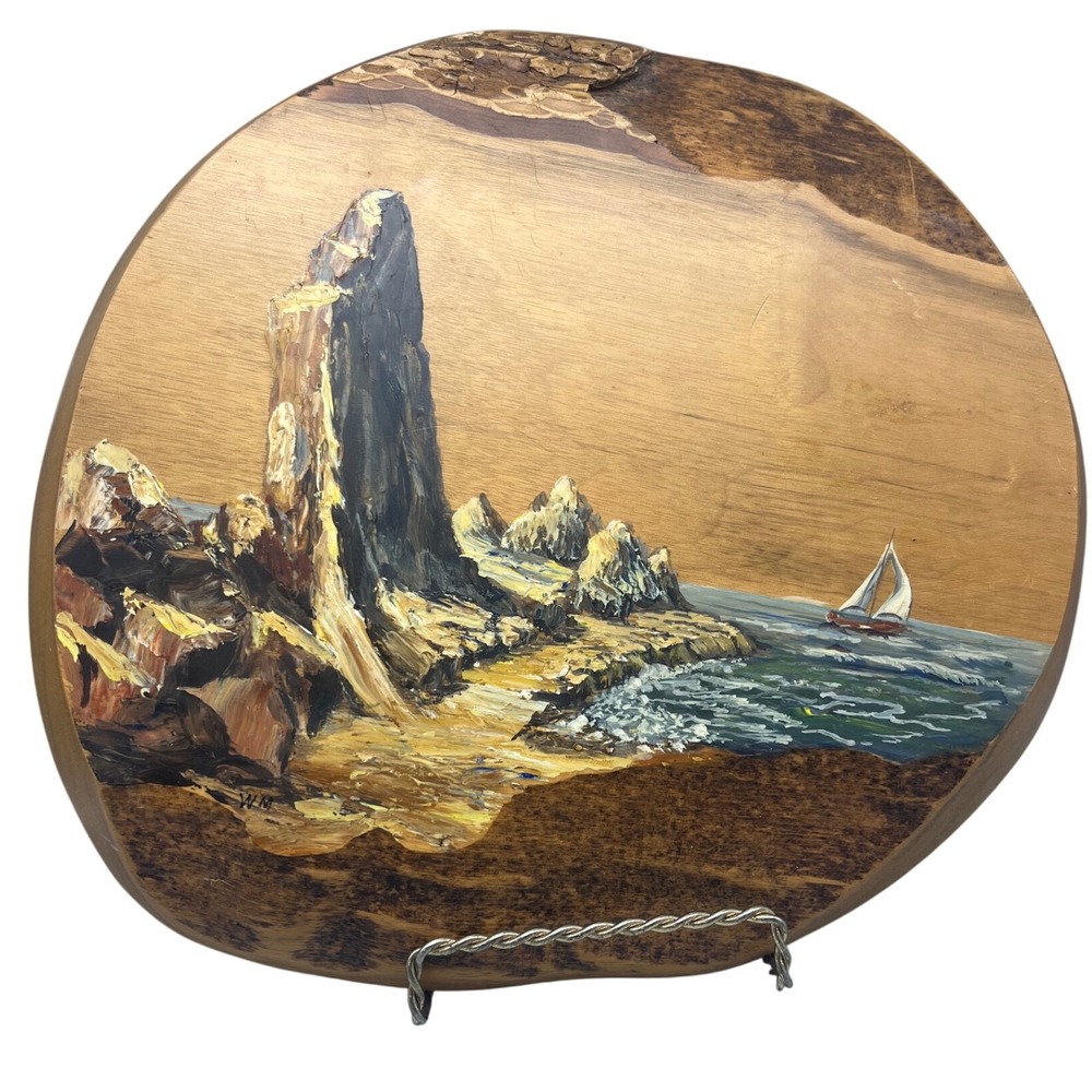 Oregon Myrtlewood Wall Art Signed  Landscape Sailboat Rocks Paintng‎ Live Edge.